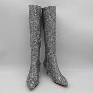Sliver Glitter Pointy Toe Kitten Heel Long Boots